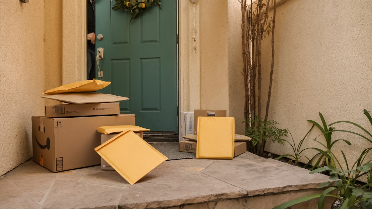 why-choose-us-01 Multiple delivery packages and parcels stacked at a teal front door entrance on a porch.