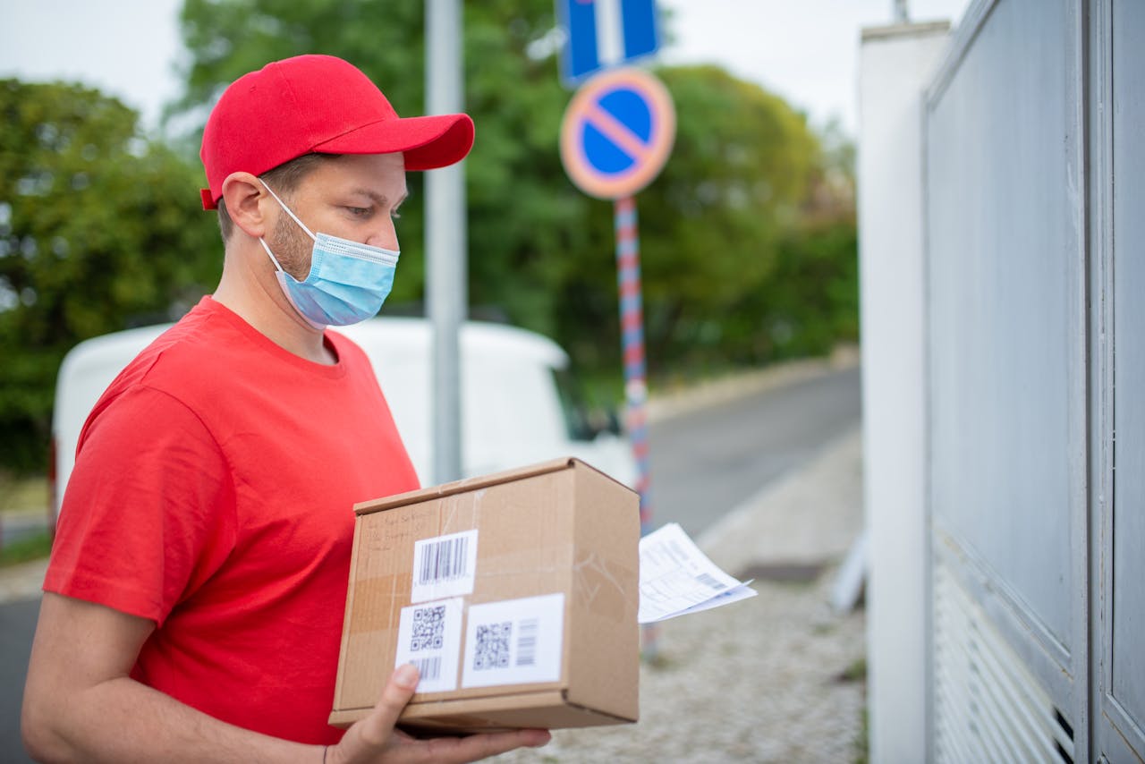 A courier wearing a face mask delivers a parcel outdoors following safety protocols.